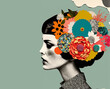 © ink drop - Portrait of a woman with lots of flowers. Abstract trendy art paper collage design. Generative ai