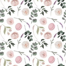 Seamless Pattern Of Watercolor Eucalyptus Branches, Pink Roses, Macaroons And Lavender Flowers, Illustration On A White Background