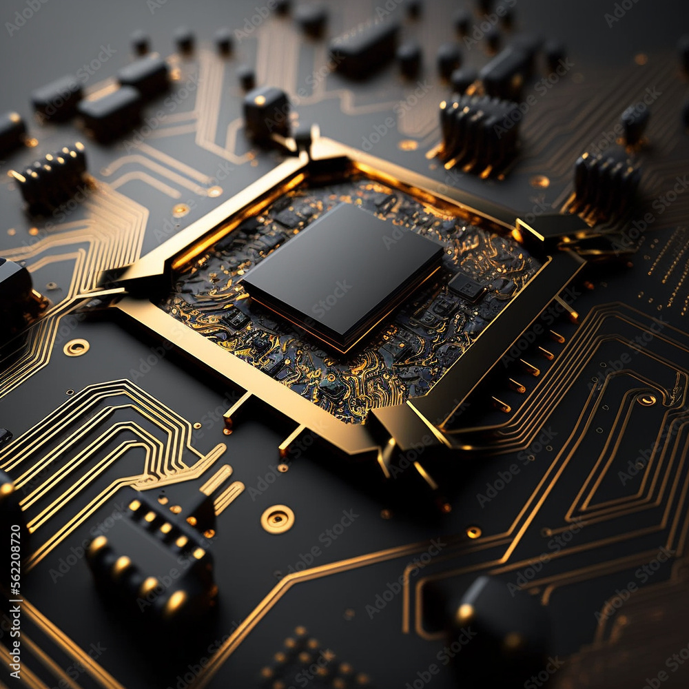 CPU and Motherboard with Traces, Black and Gold Coloring, Macro and ...