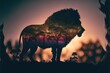 silhouette double exposure , lion over trees, Generative AI