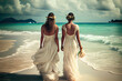 canvas print picture - Braut und Braut spazieren nach homosexueller Hochzeit im Sonnenuntergang an einem traumhaft schönen Strand entlang - Ai generiert