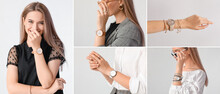 Collection Of Pretty Young Woman With Stylish Wristwatches On Light Background