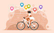 Navigation with location pin. Fitness and Tracking. Woman rides a bicycle and tracks her location
