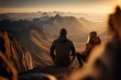 couple sitting at the top of a snow mountain, destination, vacation, hiking, peace, Generative AI