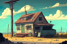 Parallax Backdrop Of A Dilapidated Suburban Home With A Crumbling Fence And A Satellite Dish On Top; This 2D Image Is Ready For Usage In Game Animation. Generative AI