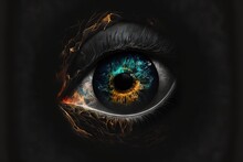  A Close Up Of A Blue Eye With A Yellow Iris And Black Background With A Fire Pattern In The Iris And A Black Background With A Yellow And Blue Eye With A Yellow Line Of.