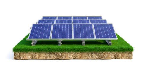 Canvas Print - Solar panels on terrain with grass in 3d realistic render
