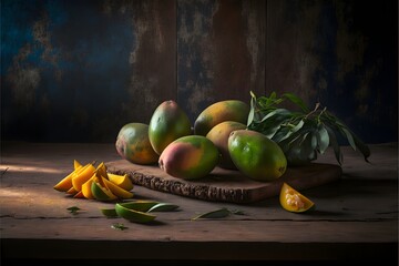 Sticker - Delicious, Juicy, Ripe, and fresh mangoes in the rustic background, perfect for food bloggers, restaurants, recipes, or simply drolling over.