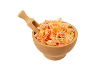 Diced Candied Papaya In Wooden Bowl And Scoop Isolated On White Background. Nutrition. Food Ingredient.