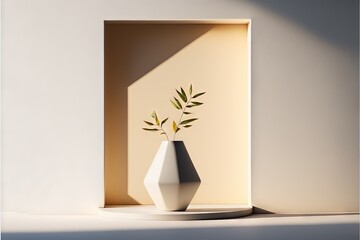 Poster -  a vase with a plant in it on a shelf with a shadow of a wall behind it and a shadow of a wall behind it that is partially open and a shadow of a wall. Generative AI