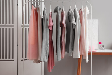 Wall Mural - Rack with stylish female clothes in interior of room