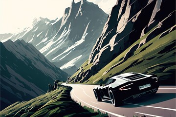 Poster -  a car driving down a mountain road with a mountain in the background and a sky background with a few clouds in the sky and a mountain range with a few snow capped peaks in the. Generative AI 