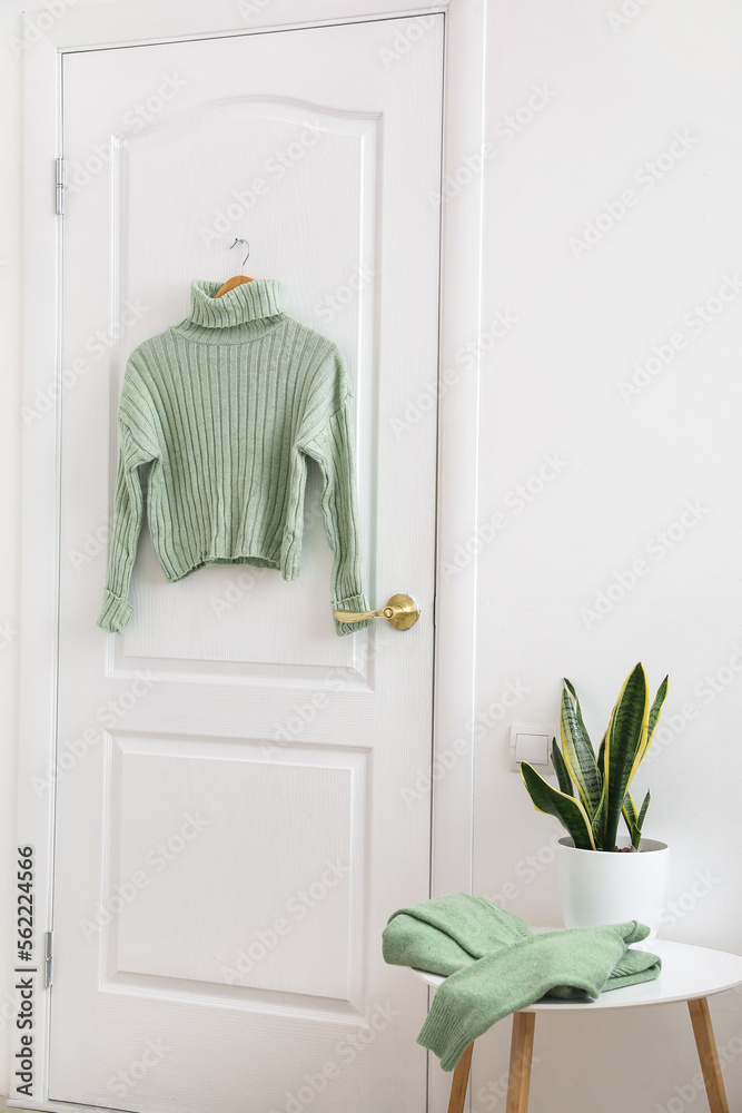 Green sweater hanging on white door in room