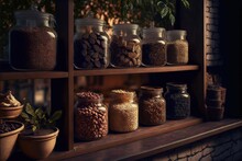  A Shelf Filled With Jars Filled With Different Types Of Nuts And Seeds Next To Potted Plants And A Brick Wall Behind It With A Window Behind It And A Brick Wall Behind It,. Generative AI