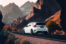  A White Car Driving Down A Mountain Road Next To A Mountain Range With A Mountain Range In The Background And A Yellow Line On The Road Leading Uphill Side Of The Road. Generative AI