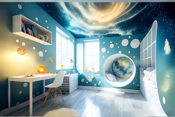 Wall Mural - Minimal and cute kid children room idea inspirational  architectural design mattepainting illustration with shelves, chairs, bed and windows