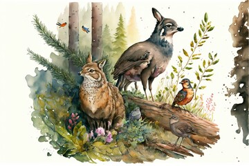  a painting of a group of birds standing on a log in the woods with a bird on the log in the foreground and a bird on the right side of the picture, and a. Generative AI