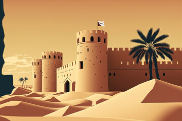  Zubarah Fort (Al Zubara) in Qatar's north eastern deserts, Middle East. Generative AI