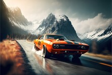  A Car Driving Down A Road With Mountains In The Background And Clouds In The Sky Above It, With A Bright Orange Car Driving On A Wet Road With A Mountain Background And Snow Covered. Generative AI