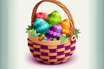 Poster - Isolated against a white background, colorful crafted easter eggs are displayed in a basket. Generative AI