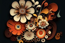  A Bunch Of Flowers That Are On A Black Surface With A Black Background And A Black Background With A White, Orange, And Brown Flower Pattern On It, And A Black Background With A. Generative Ai