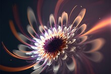  A Flower With A Purple Center And A Yellow Center On It's Center Is A Dark Background With A White Center And A Red Center With A Light At The Center Is A Purple Center. Generative Ai