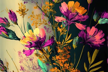 Sticker -  a painting of flowers on a wall with a black background and a yellow and pink flower on the wall with a green background and a yellow and orange flower on the wall with a green. Generative AI