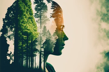 Wall Mural -  a double exposure of a person's face and trees in the background with a double exposure of a person's face and trees in the foreground with a double exposure of them. Generative AI