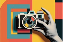  A Person Holding A Camera In Front Of A Colorful Background With A Square Pattern On It And A Hand Holding A Camera In Front Of It With A Square Pattern On The Front Of The. Generative Ai