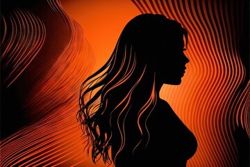 Poster -  a woman with long hair standing in front of a red background with waves and lines on it, with a black background with a red and orange swirl in the center of the center of the image. generative ai