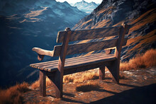 Fully Wooden Empty Bench In Mountain Stands At Cliff