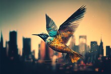  A Bird Flying Over A City Skyline With Buildings In The Background And A Bird With A Blue Beak Flying Over A City Skyline With Buildings In The Background, With A Yellow Sky Line Of. Generative Ai
