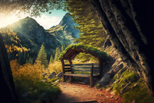Wooden Empty Bench In Mountain Standing On Path Under Trees