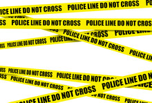 Yellow Crime Scene Tape Is Seen. Police Line Do Not Cross Is The Text On The Tape In This 3-d Illustration. Tape Is Isolated And Transparent For Pasting.