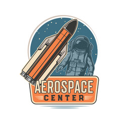 Poster - Aerospace center icon, rocket spaceflight and spaceman training academy, vector symbol. Galaxy exploration and orbital station astronauts crew flight center badge with rocket shuttle and planets