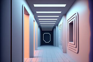 Sticker - Abstract futuristic corridor with a vacant floor and room with lighting for the product showcase, space, interior, and display. Modern Future interior design concept with cement floor and walls