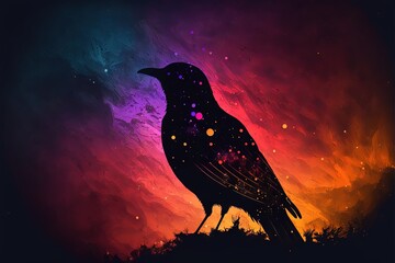  a black bird sitting on top of a hill under a colorful sky with stars and clouds in the background and a black bird standing on top of a hill with a red, purple,. generative ai