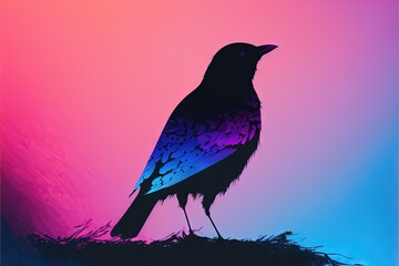 Wall Mural -  a bird sitting on top of a grass covered hill under a purple and blue sky with a pink and blue background behind it and a black silhouette of a bird with a blue tail and. generative ai