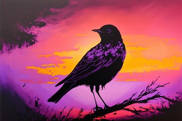  a painting of a bird sitting on a branch in front of a sunset sky with clouds and a pink and purple sky behind it, with a purple and yellow hue in the center, with a. generative ai