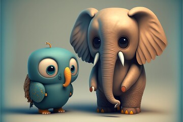 Canvas Print -  a couple of elephants standing next to each other on a gray background with a blue bird sitting next to them on the ground next to them, both of them is a small elephant. Generative AI