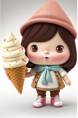 Canvas Print -  a little girl holding a ice cream cone in her hand and wearing a hat on her head and a scarf around her neck, standing in front of a white background with a gray background. generative ai