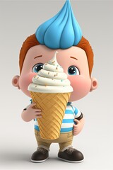 Canvas Print -  a cartoon boy holding a ice cream cone with sprinkles on it's head and wearing a blue hat on his head, standing in front of a white background with a gray backdrop. generative ai