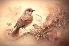  A Painting Of Two Birds Sitting On A Branch With Flowers And Leaves On It, With A Light Background Behind Them, And A Light Colored Background With A Light Colored, With A Few. Generative Ai