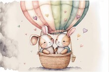  A Couple Of Rabbits Are In A Hot Air Balloon With Hearts On It's Tail And A Basket With Two Bunnies Inside It, And A Pink, Green, Yellow, Green, Blue, Pink, And White, And Green. Generative AI