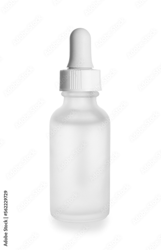 Glass bottle of natural serum on white background