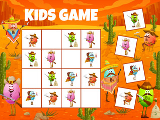 Poster - Sudoku game worksheet, cartoon vitamins. Help the sheriff and cowboy catch the bandits. Vector riddle with nutrient pill characters on chequered board. Educational task, children crossword teaser