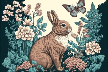 Sticker -  a rabbit sitting in a field of flowers and a butterfly flying over it's head, with a butterfly flying over it, and a blue sky background with white flowers and a light. Generative AI