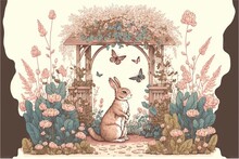  A Rabbit Sitting In A Garden With Flowers And Butterflies Around It, With A Gazebo In The Background And A Butterfly Flying Overhead Above It, With A Butterfly In The Foreground,. Generative AI