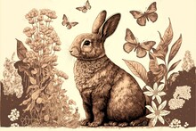  A Rabbit Sitting In A Field Of Flowers And Butterflies With A Butterfly In The Background Of The Picture, Which Is Sepia - Toned In Sepia And Sepia, With A Sepia. Generative AI