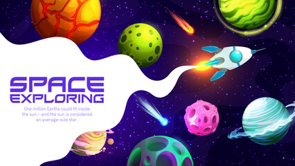 Poster - Space landing page. Cartoon galaxy and flying rocket spaceship. Company internet site layout, startup launch vector banner or business project landing page template with starship in alien galaxy
